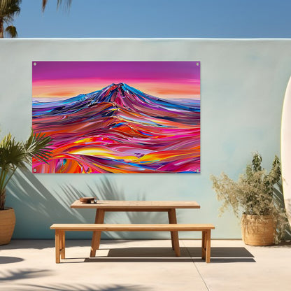 Kleurrijk abstract schilderij van berglandschap tuinposter