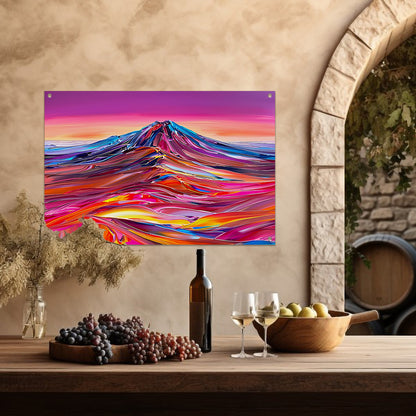 Kleurrijk abstract schilderij van berglandschap tuinposter