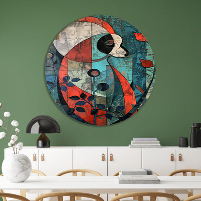 Kleurrijke abstracte panda met kubistische elementen aluminium muurcirkel