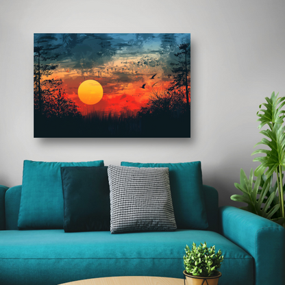 Zonsondergang boven bomenrij canvas met baklijst