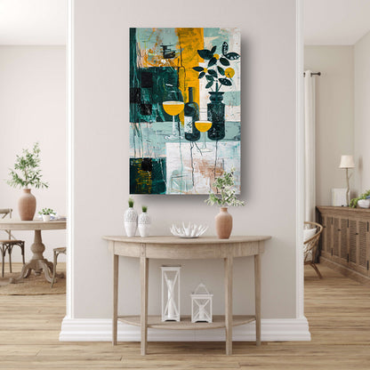 Abstracte stilleven met kleurrijke fles en glazen canvas