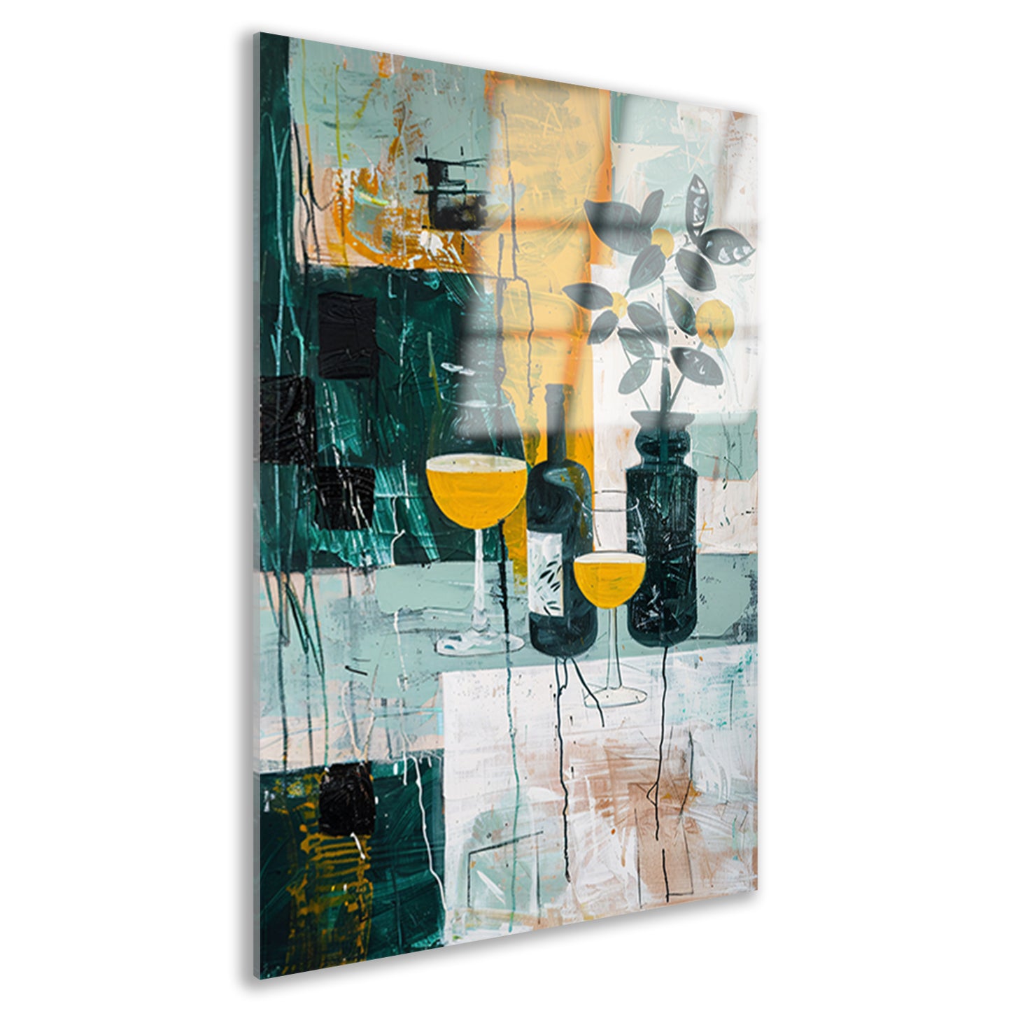 Abstracte stilleven met kleurrijke fles en glazen acrylglas