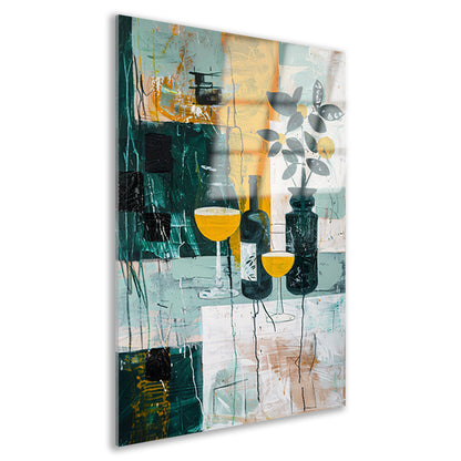 Abstracte stilleven met kleurrijke fles en glazen acrylglas