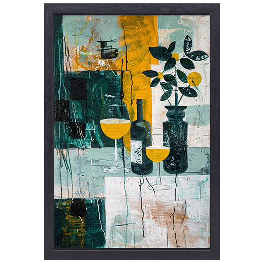 Abstracte stilleven met kleurrijke fles en glazen canvas met baklijst