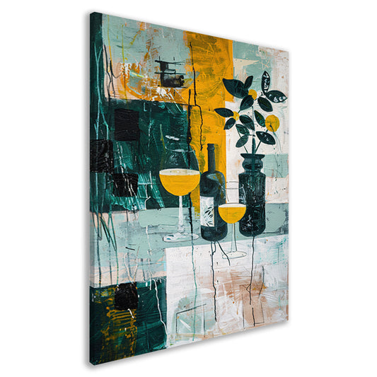 Abstracte stilleven met kleurrijke fles en glazen canvas