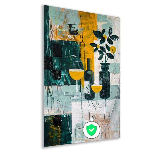 Abstracte stilleven met kleurrijke fles en glazen poster
