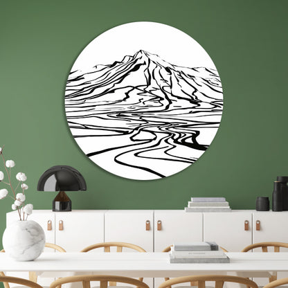 Abstracte berglijnen en kronkelende rivier aluminium muurcirkel