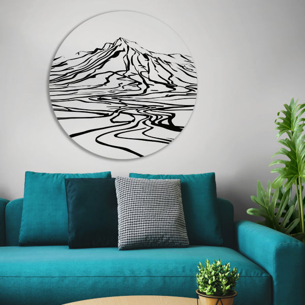 Abstracte berglijnen en kronkelende rivier aluminium muurcirkel