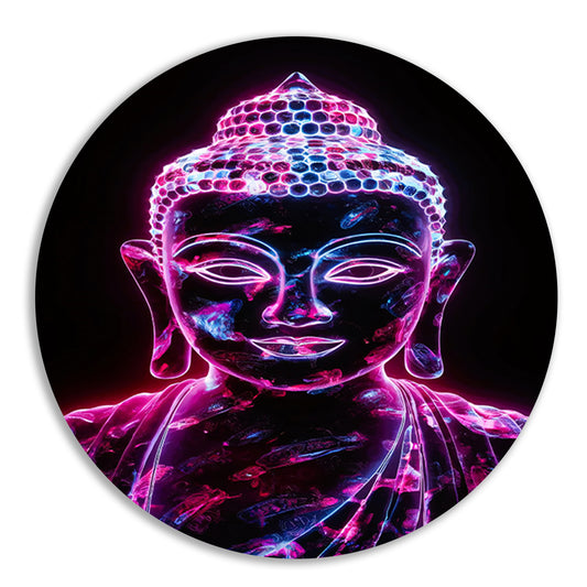 Neon Boeddha met levendige kleuren aluminium muurcirkel