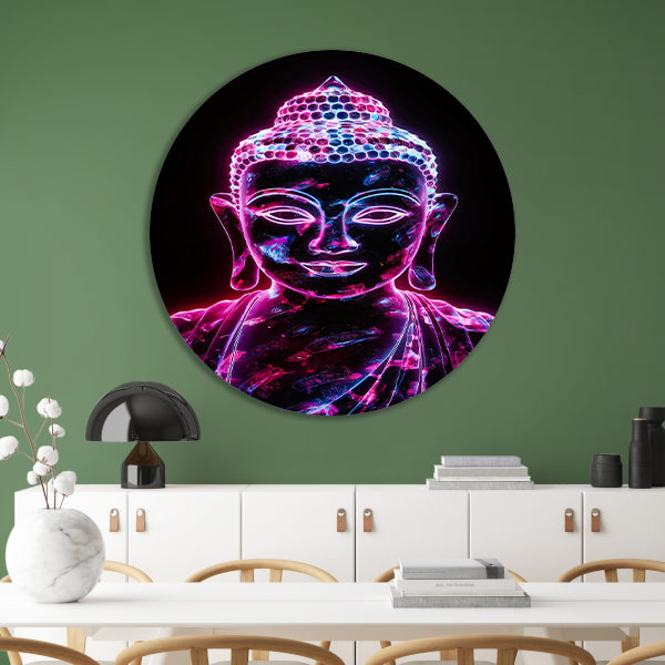 Neon Boeddha met levendige kleuren aluminium muurcirkel