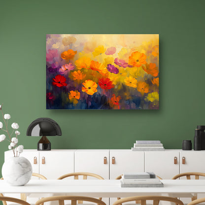 Kleurrijke abstracte bloemenweide schilderij canvas met baklijst