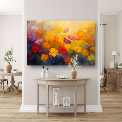 Kleurrijke abstracte bloemenweide schilderij canvas met baklijst