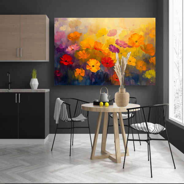 Kleurrijke abstracte bloemenweide schilderij canvas met baklijst