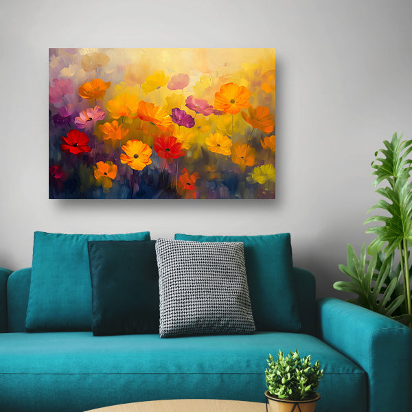 Kleurrijke abstracte bloemenweide schilderij canvas met baklijst