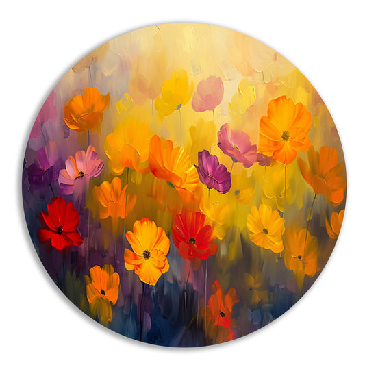 Kleurrijke abstracte bloemenweide schilderij aluminium muurcirkel