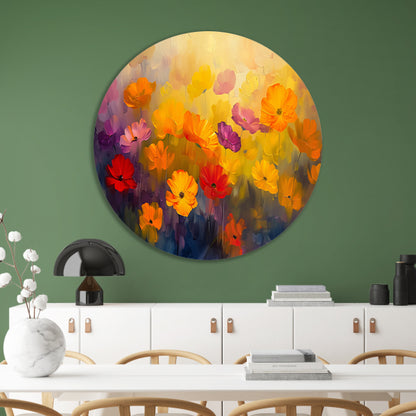 Kleurrijke abstracte bloemenweide schilderij aluminium muurcirkel