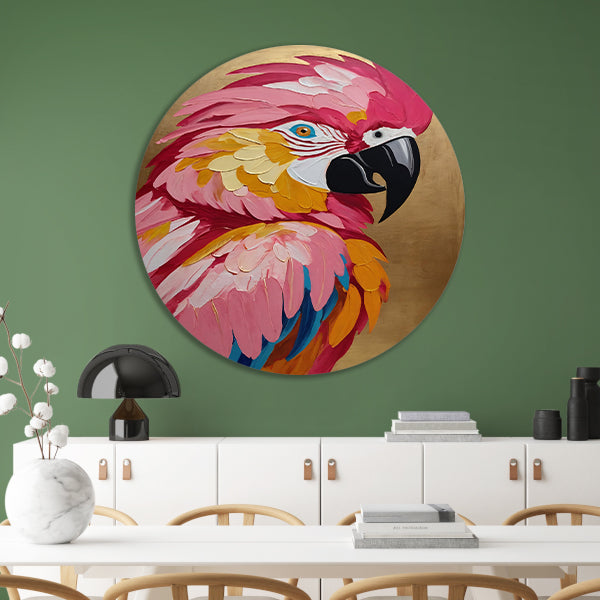 Levendige Papegaai met Gouden Textuur Achtergrond aluminium muurcirkel