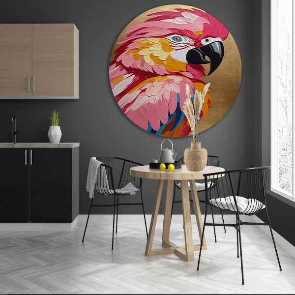 Levendige Papegaai met Gouden Textuur Achtergrond aluminium muurcirkel