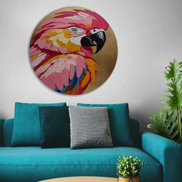 Levendige Papegaai met Gouden Textuur Achtergrond aluminium muurcirkel