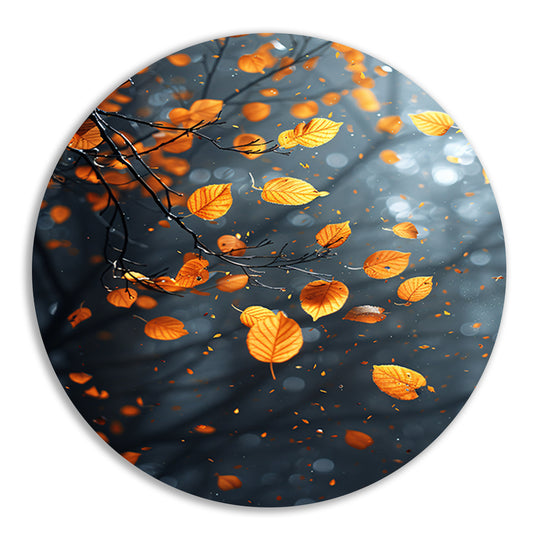 Vallende Herfstbladeren in het Bos aluminium muurcirkel