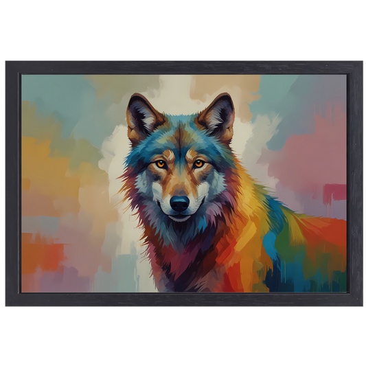 Abstracte kleurexplosie wolf portret canvas met baklijst