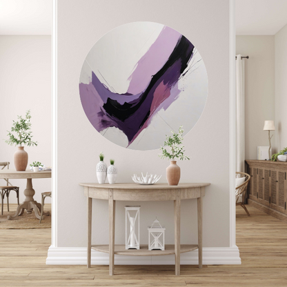 Dynamische abstractie in paars en zwart aluminium muurcirkel