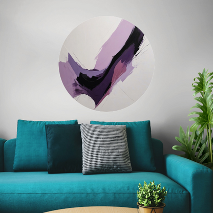 Dynamische abstractie in paars en zwart aluminium muurcirkel