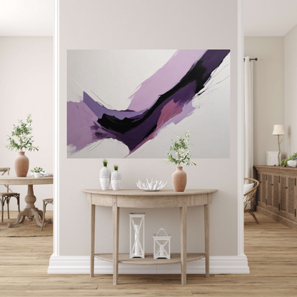 Dynamische abstractie in paars en zwart canvas met baklijst