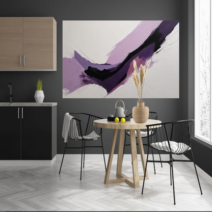 Dynamische abstractie in paars en zwart canvas met baklijst
