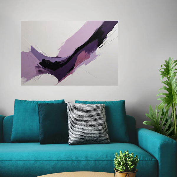 Dynamische abstractie in paars en zwart canvas met baklijst