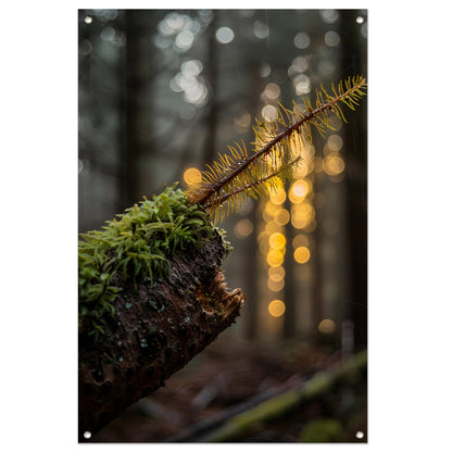 Plant groeit uit mos op hout tuinposter