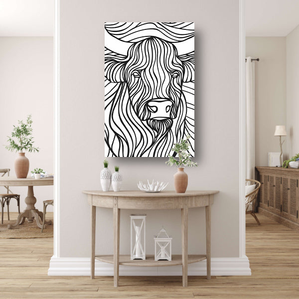 Schotse hooglander lijntekening zwart-wit kunst canvas