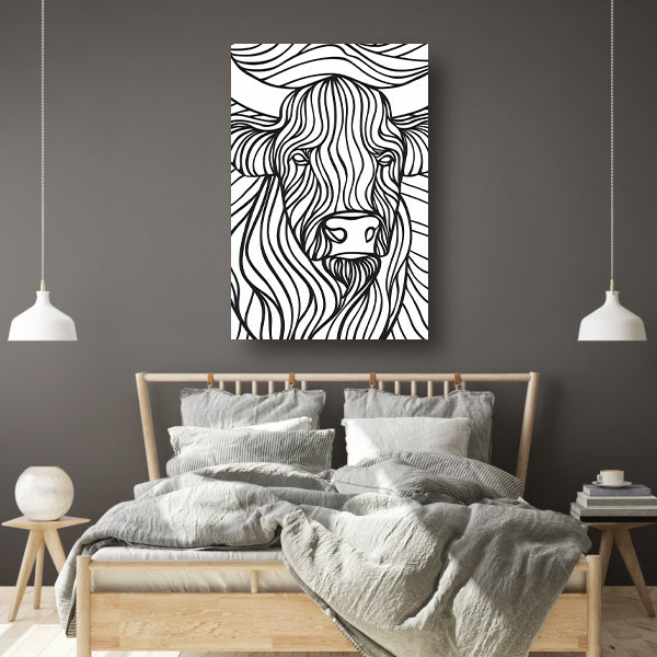 Schotse hooglander lijntekening zwart-wit kunst canvas