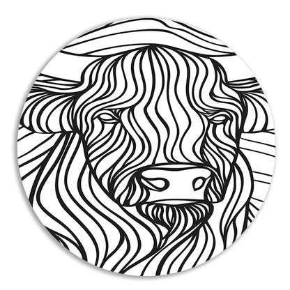Schotse hooglander lijntekening zwart-wit kunst aluminium muurcirkel