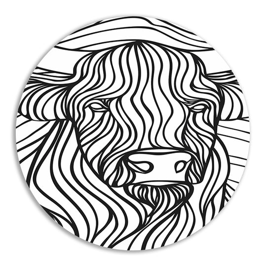 Schotse hooglander lijntekening zwart-wit kunst aluminium muurcirkel