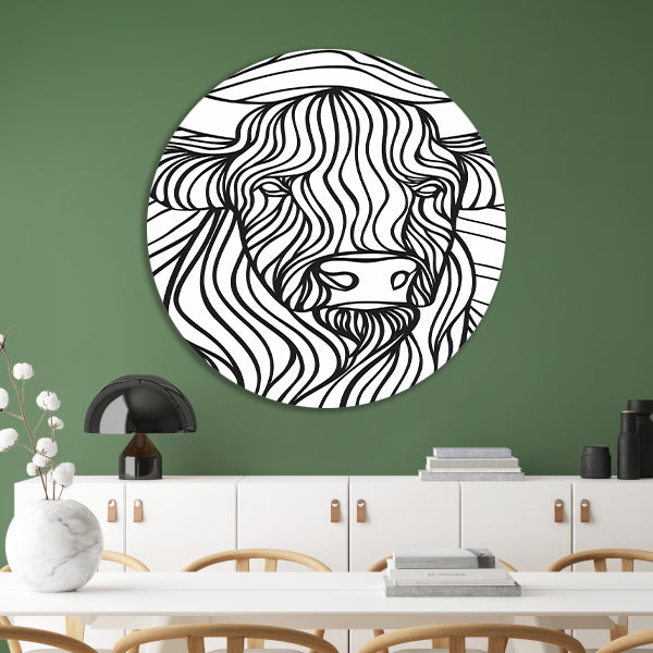 Schotse hooglander lijntekening zwart-wit kunst aluminium muurcirkel