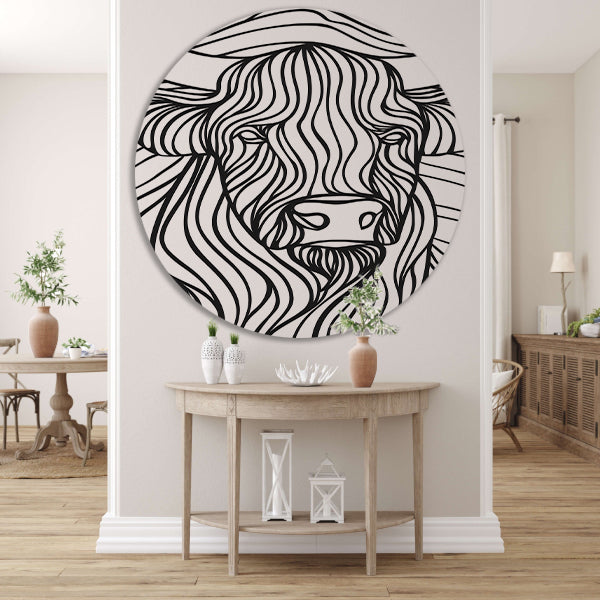 Schotse hooglander lijntekening zwart-wit kunst forex muurcirkel