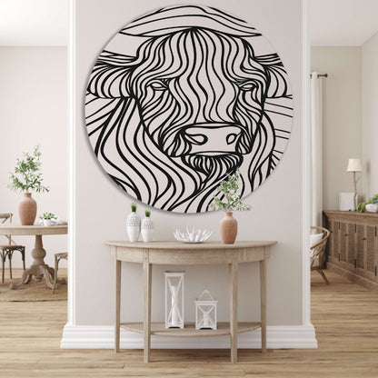Schotse hooglander lijntekening zwart-wit kunst forex muurcirkel