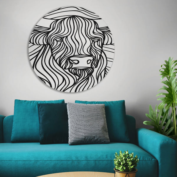 Schotse hooglander lijntekening zwart-wit kunst forex muurcirkel