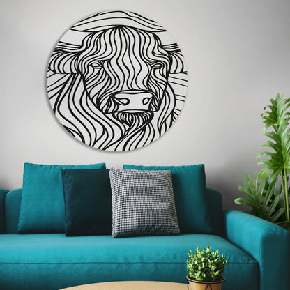 Schotse hooglander lijntekening zwart-wit kunst aluminium muurcirkel