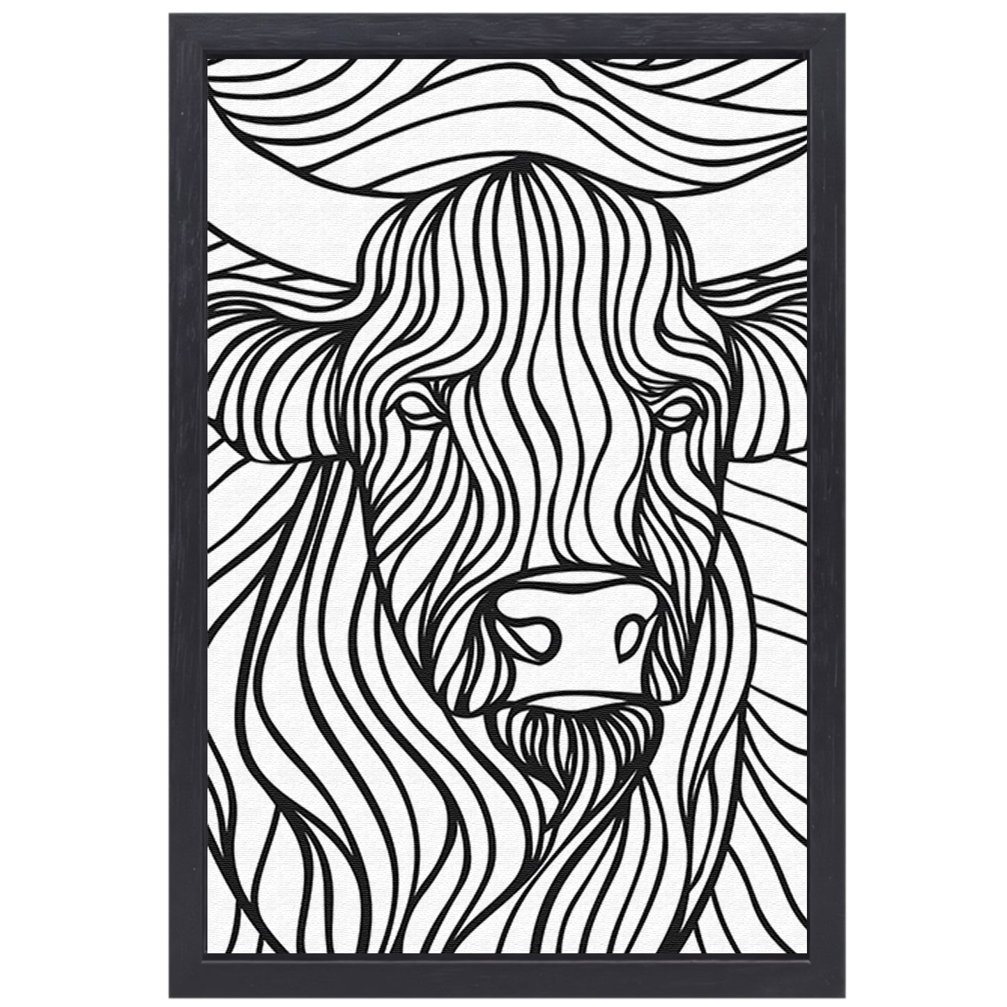Schotse hooglander lijntekening zwart-wit kunst canvas met baklijst