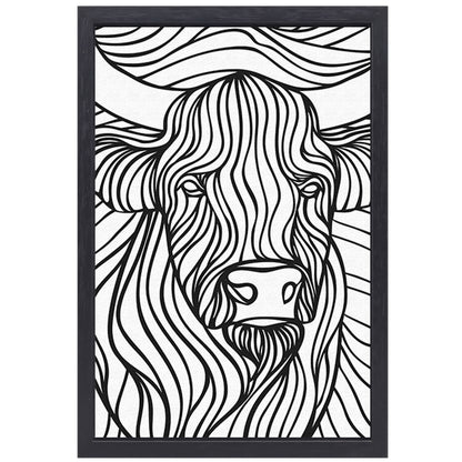 Schotse hooglander lijntekening zwart-wit kunst canvas met baklijst
