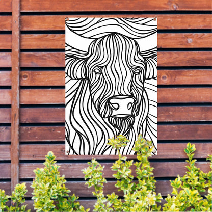 Schotse hooglander lijntekening zwart-wit kunst tuinposter