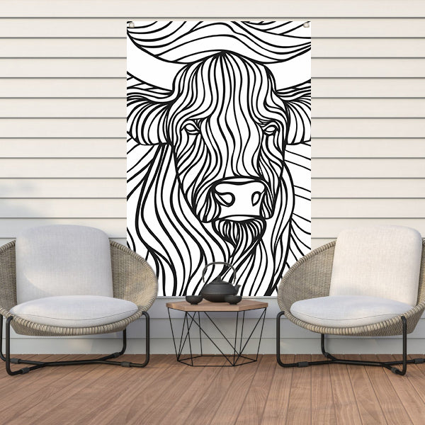 Schotse hooglander lijntekening zwart-wit kunst tuinposter