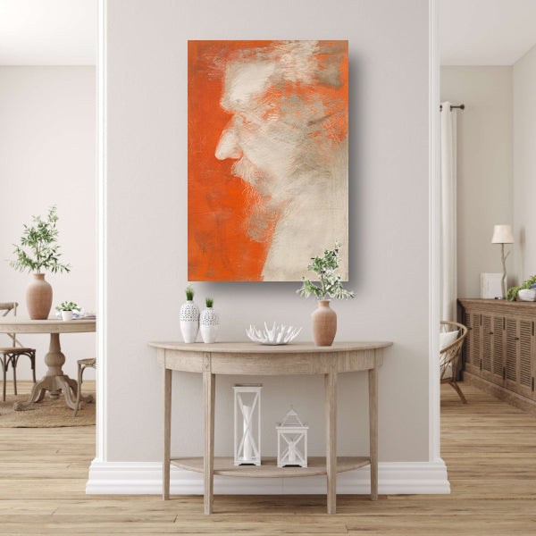 Abstract portret in oranje en wit canvas