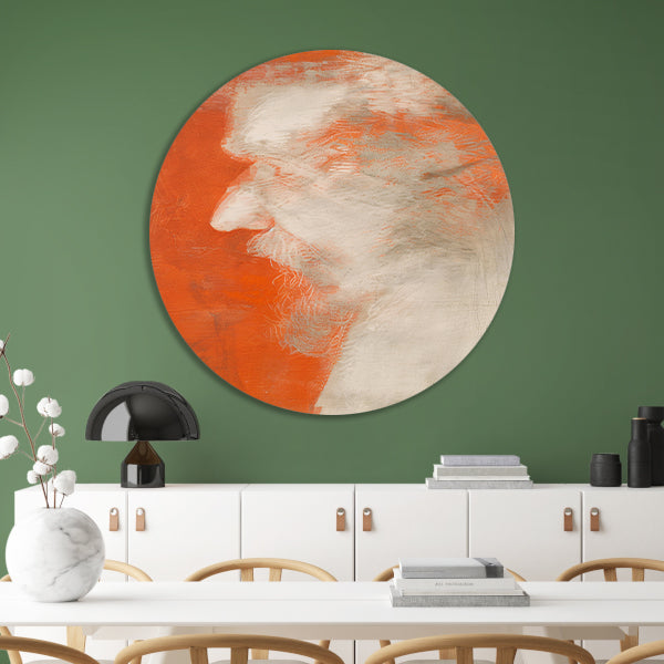 Abstract portret in oranje en wit aluminium muurcirkel