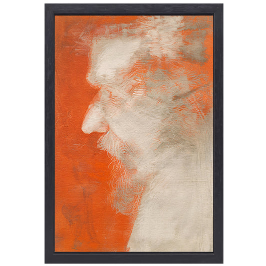 Abstract portret in oranje en wit canvas met baklijst