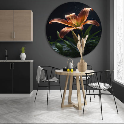 Levendige lelie met waterdruppels close-up aluminium muurcirkel