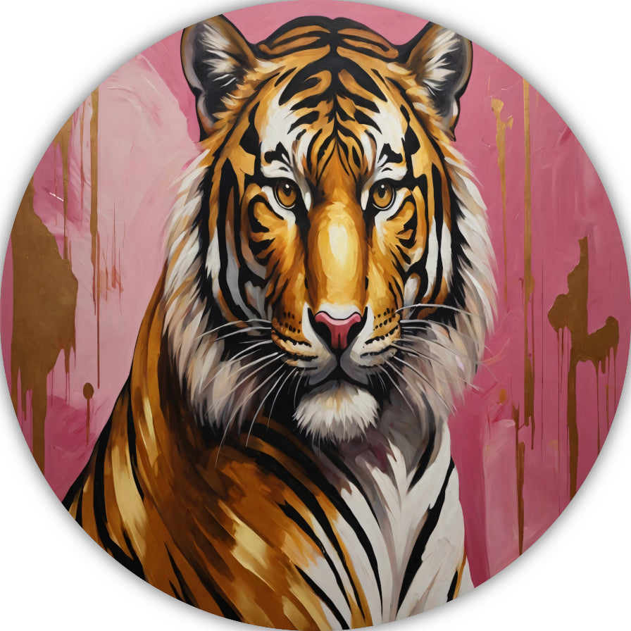 Krachtige Tijger in Goud en Roze aluminium muurcirkel