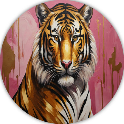 Krachtige Tijger in Goud en Roze aluminium muurcirkel